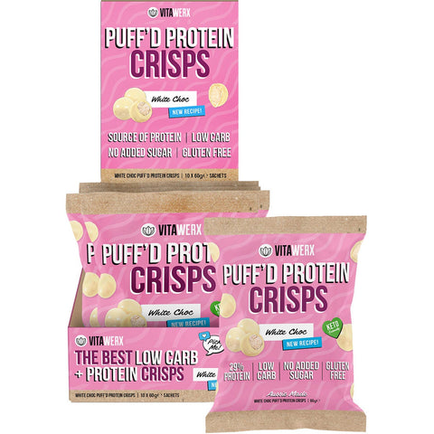 Puff'd Protein Crisps White Choc 10x60g